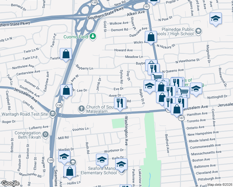map of restaurants, bars, coffee shops, grocery stores, and more near 3980 Eve Drive in Seaford