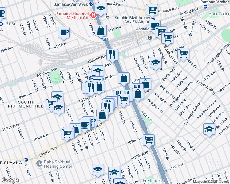 map of restaurants, bars, coffee shops, grocery stores, and more near 101-07 134th Street in Queens