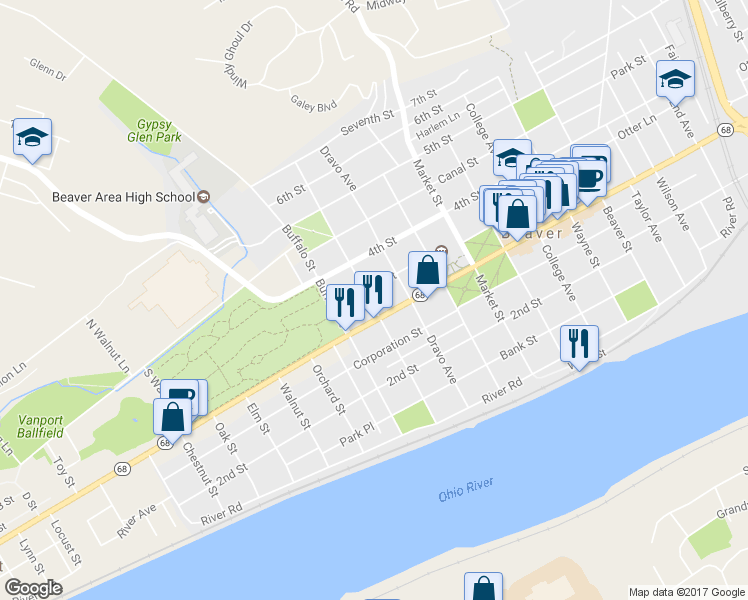 map of restaurants, bars, coffee shops, grocery stores, and more near 1097 Turnpike Street in Beaver