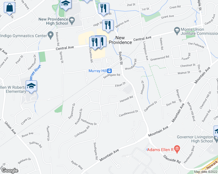 map of restaurants, bars, coffee shops, grocery stores, and more near 60 Ethan Drive in New Providence