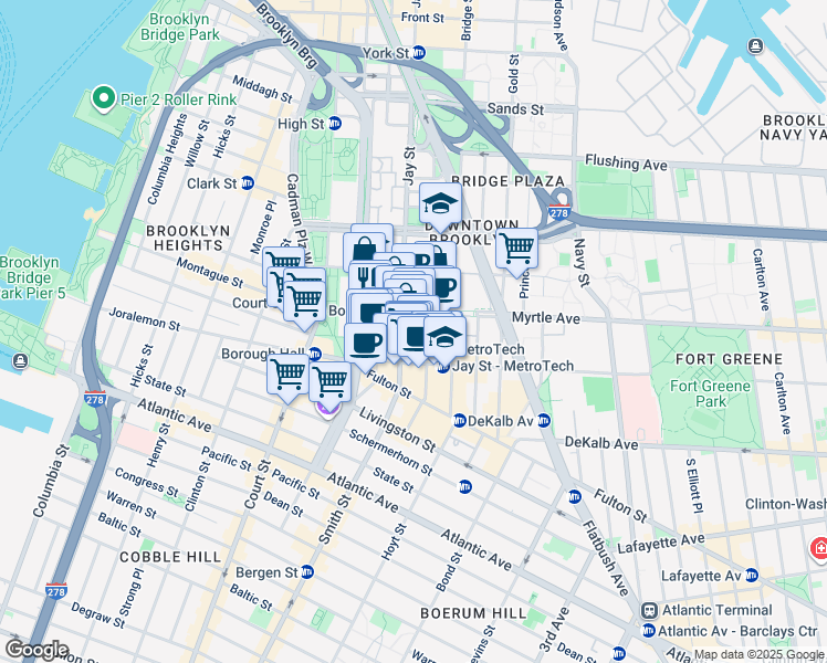 map of restaurants, bars, coffee shops, grocery stores, and more near 1 MetroTech Center in Brooklyn
