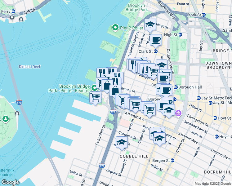 map of restaurants, bars, coffee shops, grocery stores, and more near 20 Columbia Place in Brooklyn