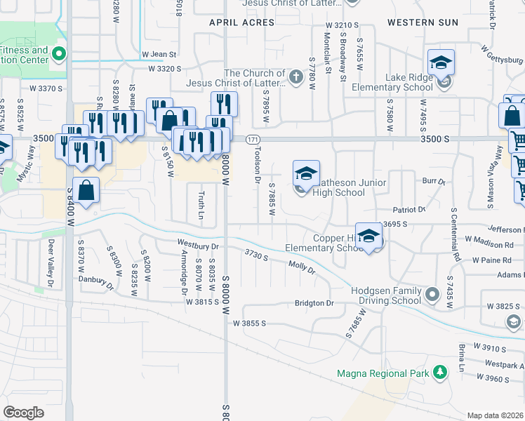 map of restaurants, bars, coffee shops, grocery stores, and more near 3633 Toolson Drive in Magna