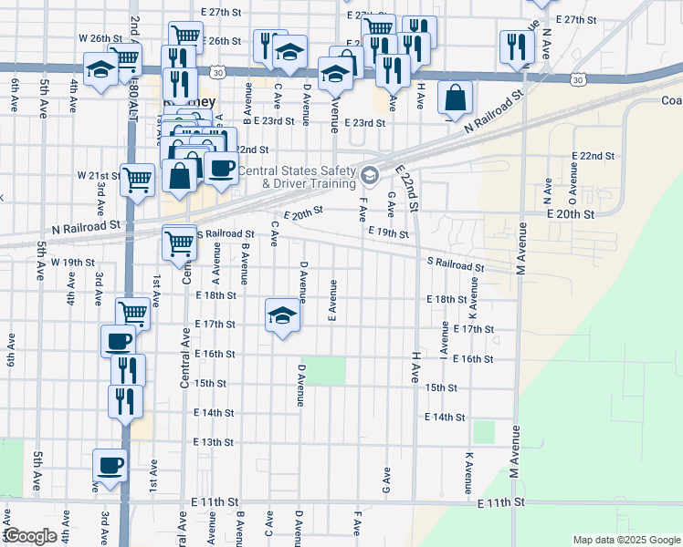 map of restaurants, bars, coffee shops, grocery stores, and more near 1900-1998 Avenue E in Kearney