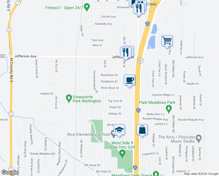 map of restaurants, bars, coffee shops, grocery stores, and more near River Birch Street in Wellington