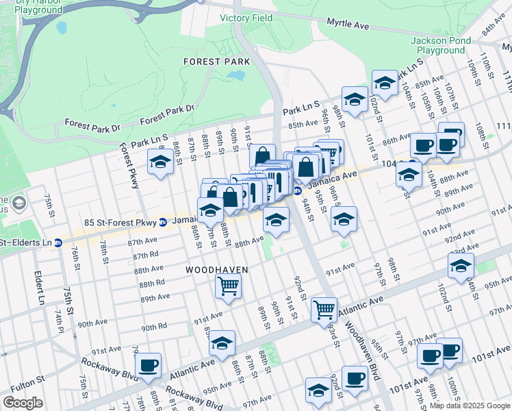 map of restaurants, bars, coffee shops, grocery stores, and more near 86-64 91st Street in Queens