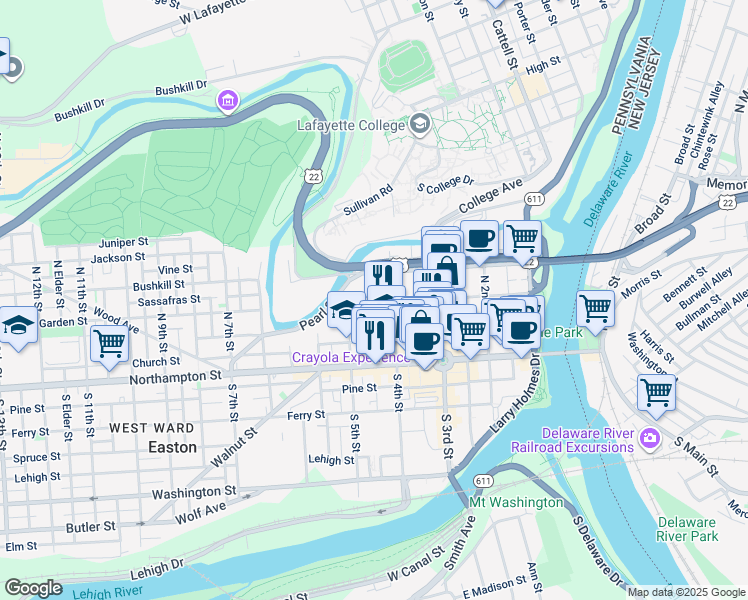 map of restaurants, bars, coffee shops, grocery stores, and more near 425 Spring Garden Street in Easton
