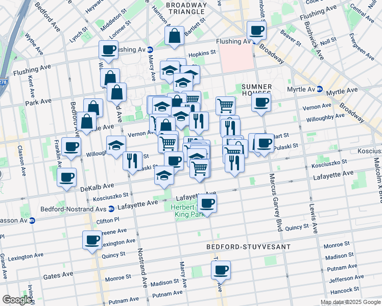 map of restaurants, bars, coffee shops, grocery stores, and more near 111 Hart Street in Brooklyn