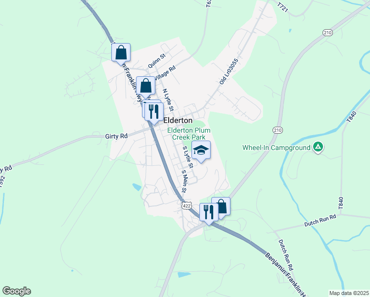 map of restaurants, bars, coffee shops, grocery stores, and more near 239 South Lytle Street in Elderton