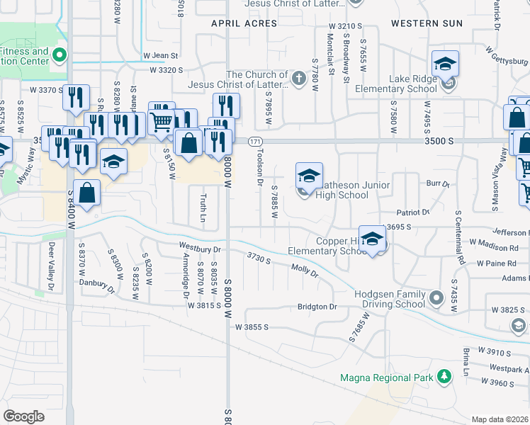 map of restaurants, bars, coffee shops, grocery stores, and more near 3633 Toolson Drive in Magna
