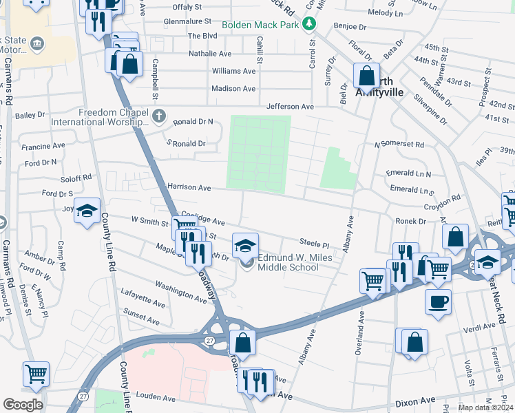 map of restaurants, bars, coffee shops, grocery stores, and more near Palmetto Avenue in North Amityville