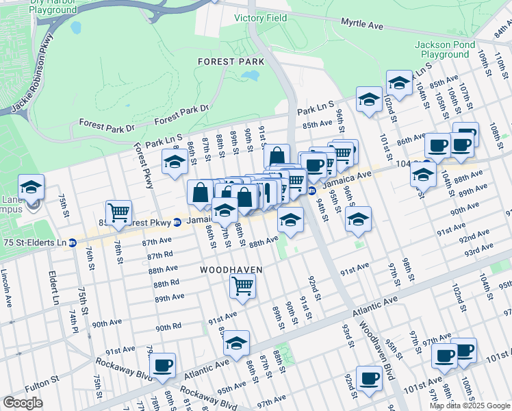 map of restaurants, bars, coffee shops, grocery stores, and more near 86-44 90th Street in Queens