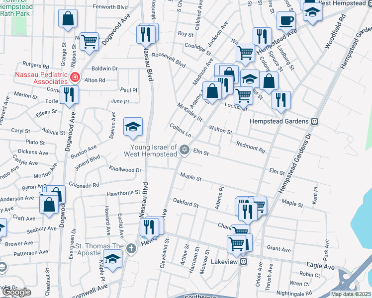 map of restaurants, bars, coffee shops, grocery stores, and more near 609 Hempstead Ave in West Hempstead
