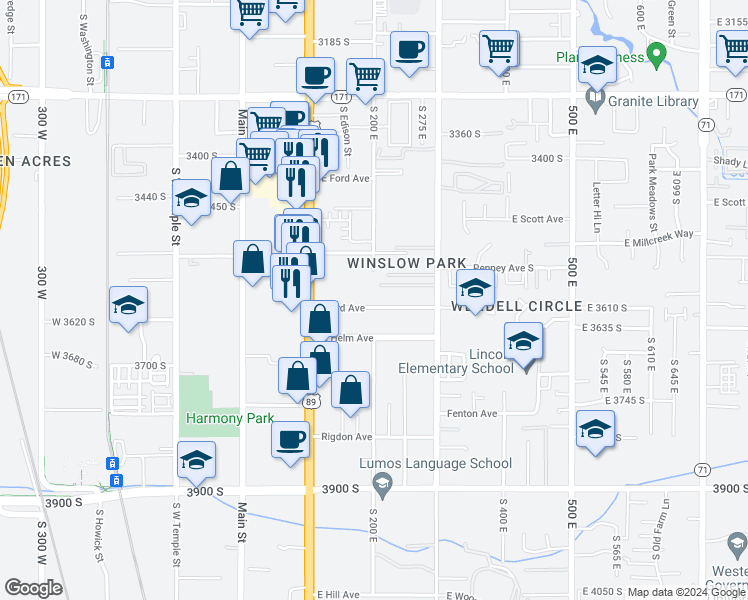 map of restaurants, bars, coffee shops, grocery stores, and more near 509 East 3570 South in South Salt Lake