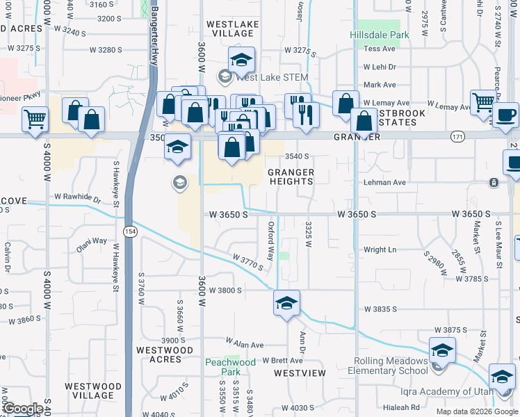 map of restaurants, bars, coffee shops, grocery stores, and more near 3630 South 3440 West in West Valley City