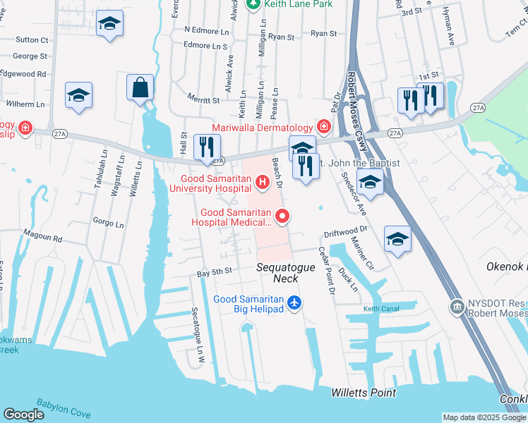 map of restaurants, bars, coffee shops, grocery stores, and more near 1000 Montauk Hwy in West Islip