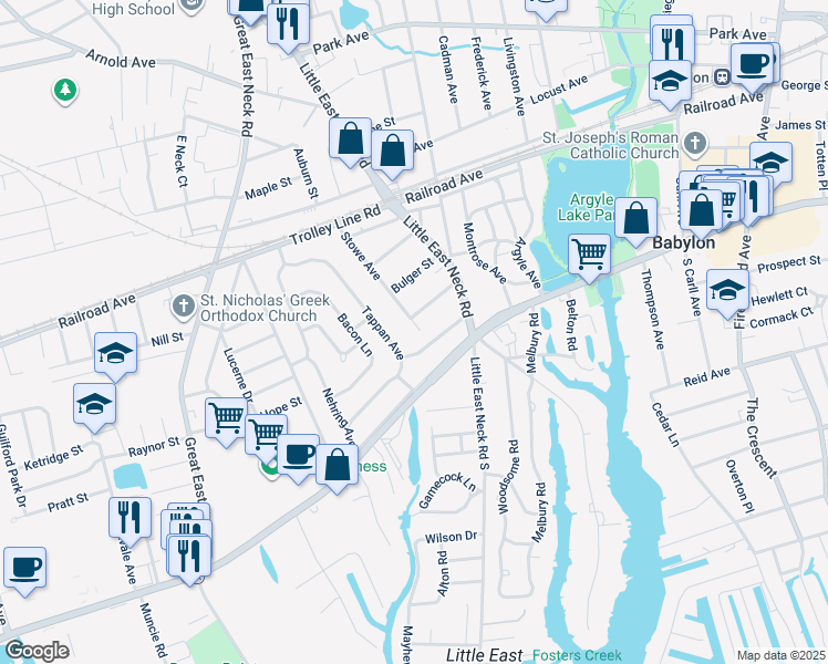 map of restaurants, bars, coffee shops, grocery stores, and more near 16 Stowe Avenue in Babylon