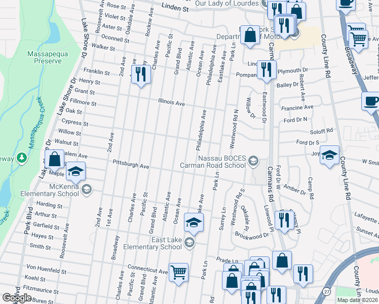 map of restaurants, bars, coffee shops, grocery stores, and more near 333 Ocean Avenue in Massapequa Park