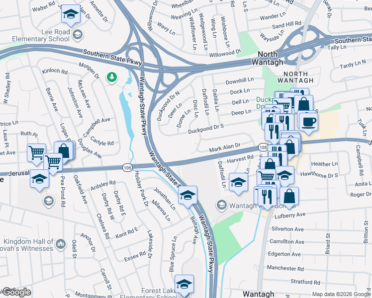 map of restaurants, bars, coffee shops, grocery stores, and more near 15 Stanford Court in Wantagh