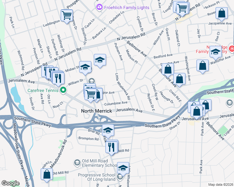 map of restaurants, bars, coffee shops, grocery stores, and more near 84 Larkspur Avenue in North Merrick