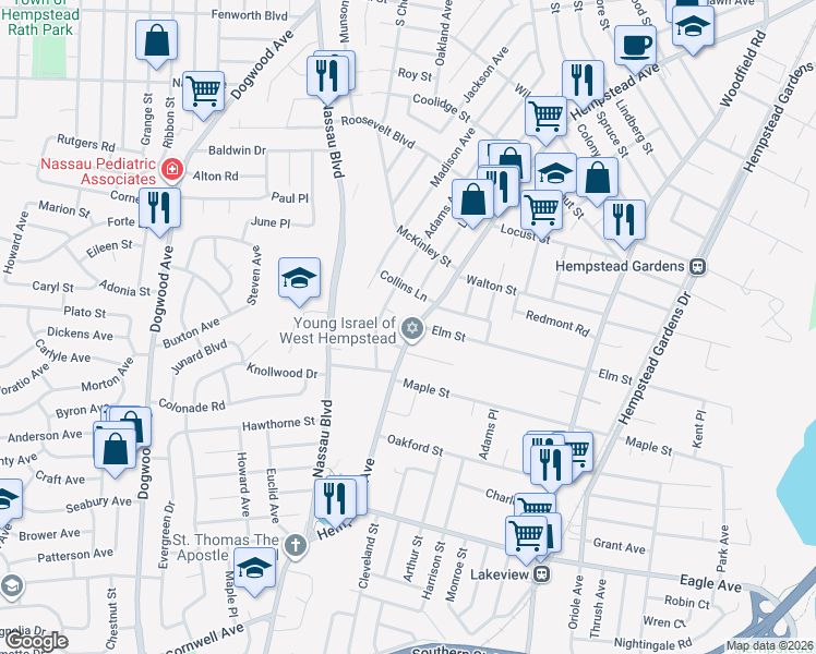 map of restaurants, bars, coffee shops, grocery stores, and more near 609 Hempstead Avenue in West Hempstead