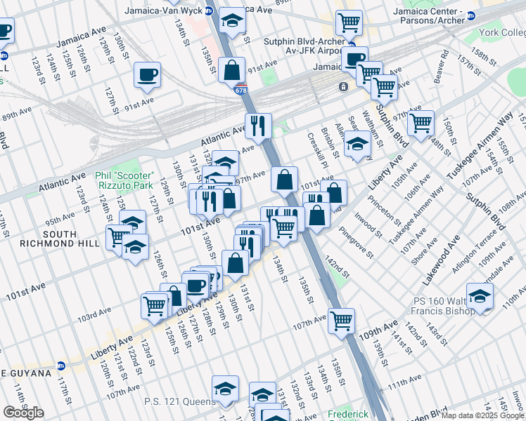 map of restaurants, bars, coffee shops, grocery stores, and more near 134-3 101st Avenue in Queens