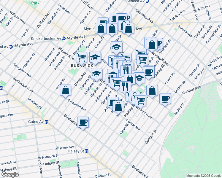 map of restaurants, bars, coffee shops, grocery stores, and more near 1328 Putnam Avenue in Brooklyn