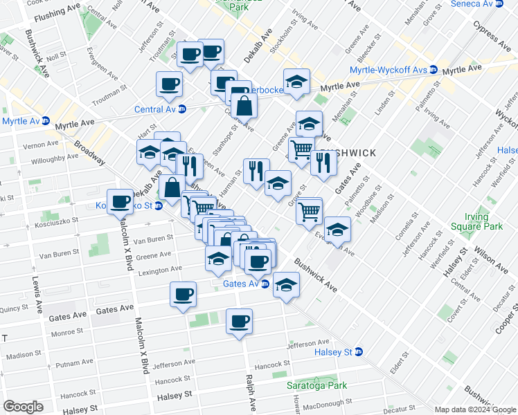 map of restaurants, bars, coffee shops, grocery stores, and more near 31 Bleecker Street in Brooklyn