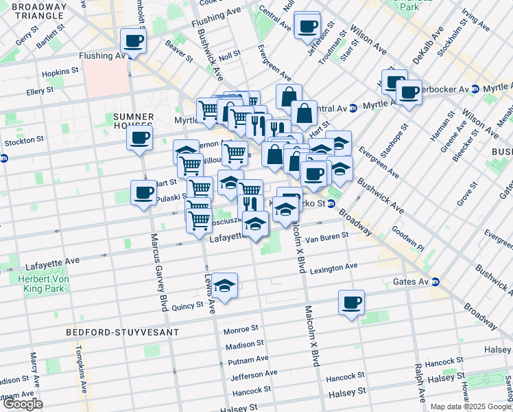 map of restaurants, bars, coffee shops, grocery stores, and more near 1035A Dekalb Avenue in Brooklyn