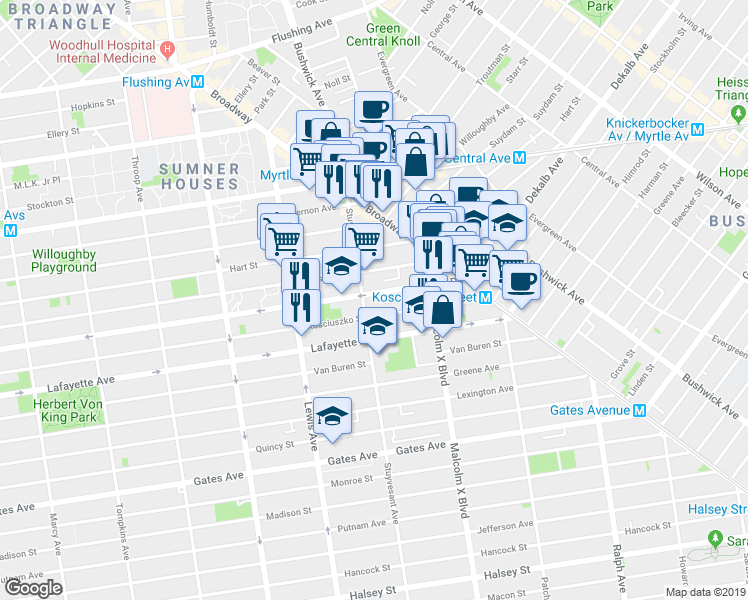 map of restaurants, bars, coffee shops, grocery stores, and more near 1035A Dekalb Avenue in Brooklyn