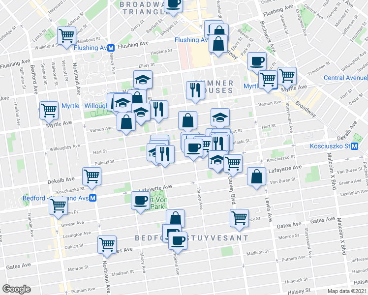map of restaurants, bars, coffee shops, grocery stores, and more near 192 Hart Street in Brooklyn