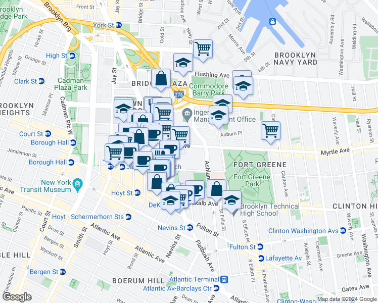 map of restaurants, bars, coffee shops, grocery stores, and more near 218 Myrtle Avenue in Brooklyn