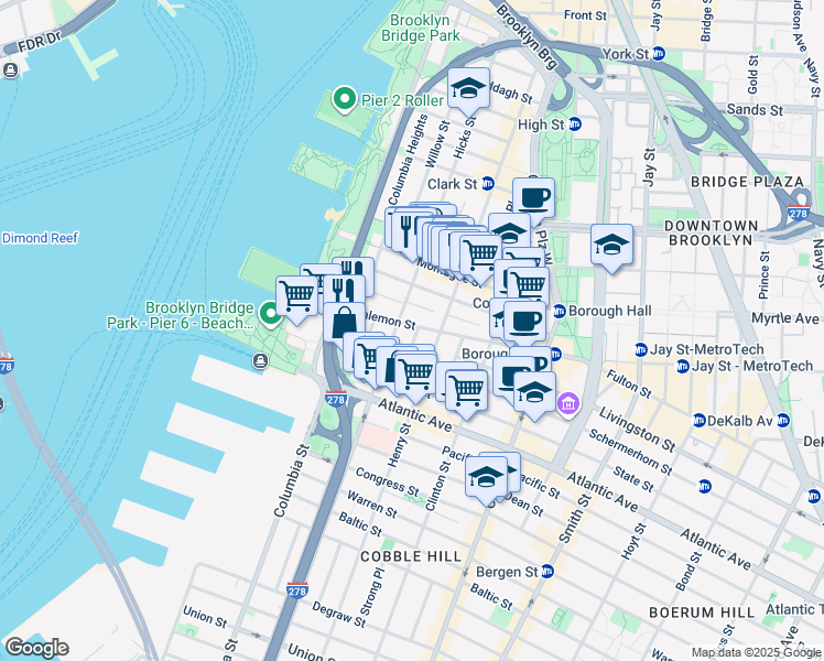 map of restaurants, bars, coffee shops, grocery stores, and more near 79 Joralemon Street in Brooklyn