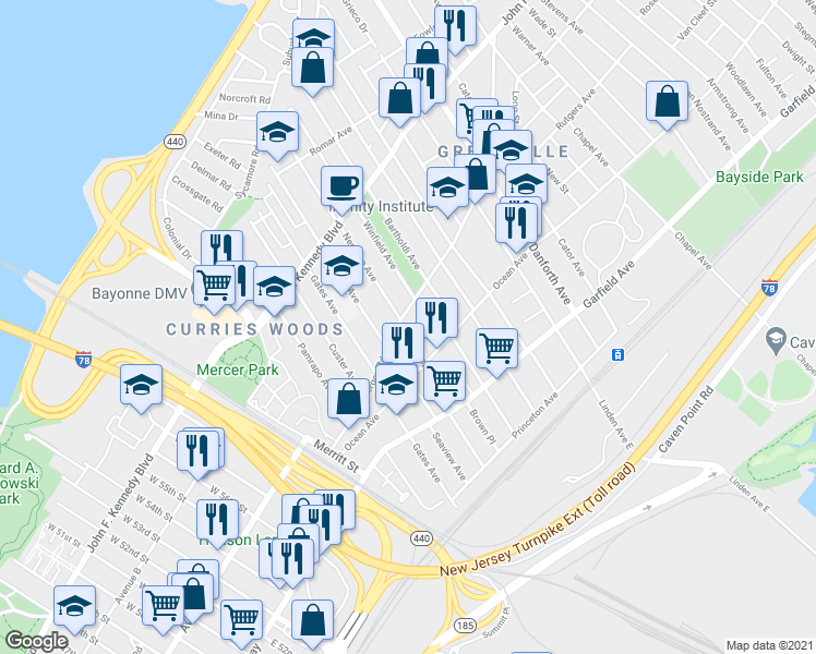 map of restaurants, bars, coffee shops, grocery stores, and more near 124 Old Bergen Road in Jersey City