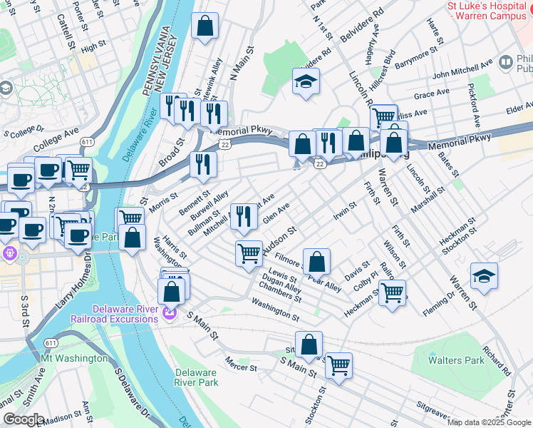 map of restaurants, bars, coffee shops, grocery stores, and more near 114 Summit Avenue in Phillipsburg