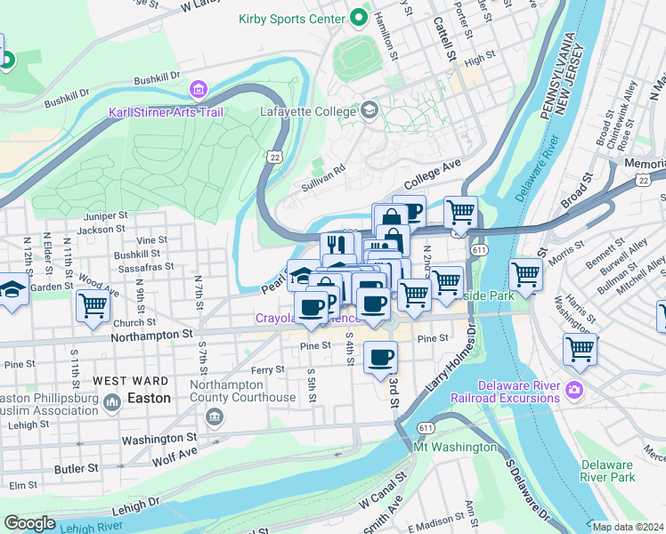map of restaurants, bars, coffee shops, grocery stores, and more near 106 North 4th Street in Easton