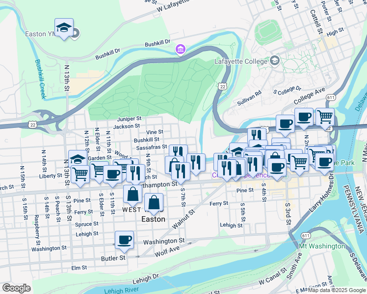 map of restaurants, bars, coffee shops, grocery stores, and more near 673 Sassafras Street in Easton