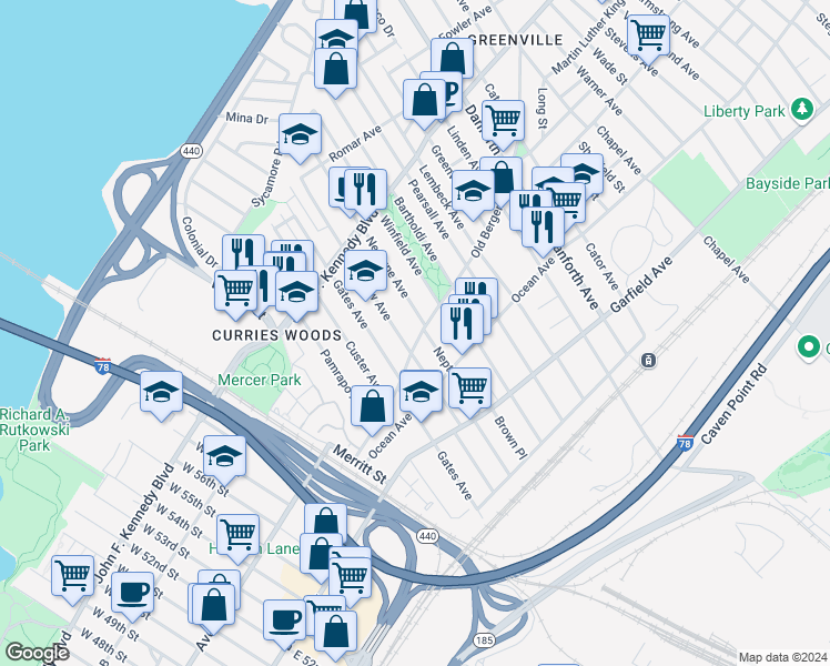 map of restaurants, bars, coffee shops, grocery stores, and more near 101 Old Bergen Road in Jersey City