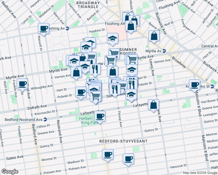 map of restaurants, bars, coffee shops, grocery stores, and more near 187 Pulaski Street in Brooklyn
