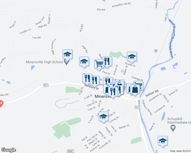 map of restaurants, bars, coffee shops, grocery stores, and more near 422 North Street in Minersville