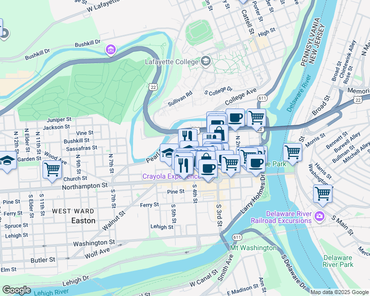 map of restaurants, bars, coffee shops, grocery stores, and more near 415 Spring Garden Street in Easton