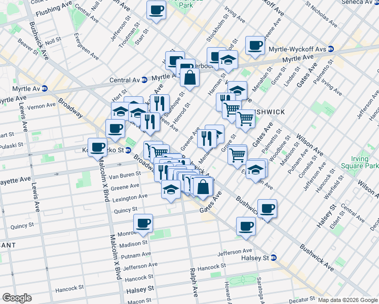 map of restaurants, bars, coffee shops, grocery stores, and more near 31 Bleecker Street in Brooklyn