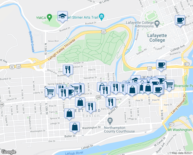 map of restaurants, bars, coffee shops, grocery stores, and more near 800 Sassafras Street in Easton