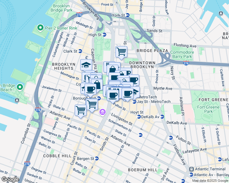 map of restaurants, bars, coffee shops, grocery stores, and more near 339 Adams Street in Brooklyn