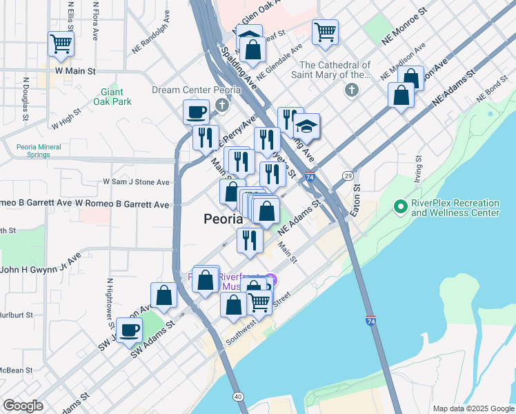 map of restaurants, bars, coffee shops, grocery stores, and more near 111 Northeast Jefferson Street in Peoria