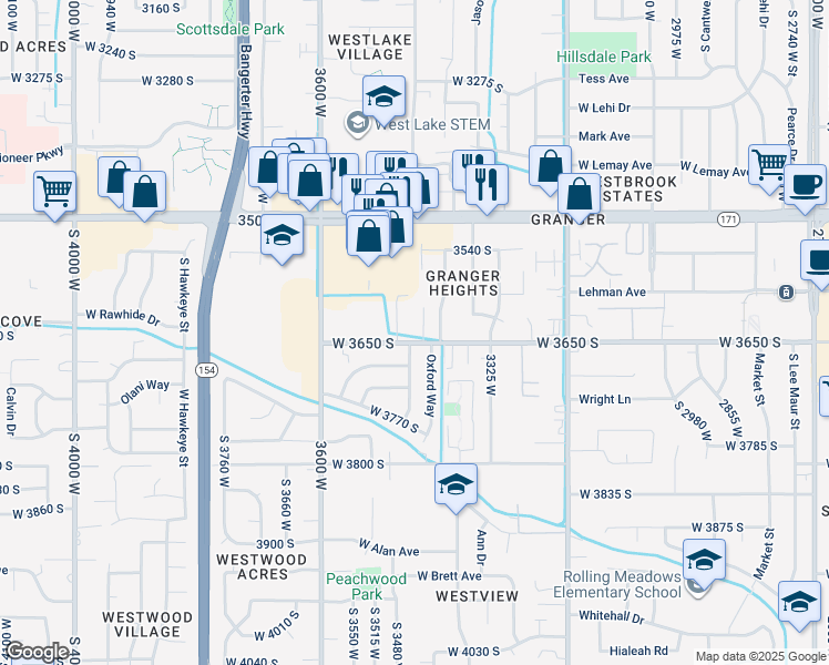 map of restaurants, bars, coffee shops, grocery stores, and more near 3630 South 3440 West in West Valley City