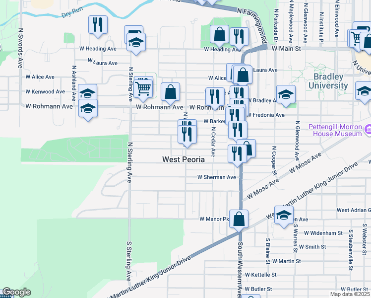 map of restaurants, bars, coffee shops, grocery stores, and more near 420 North Waverly Avenue in West Peoria
