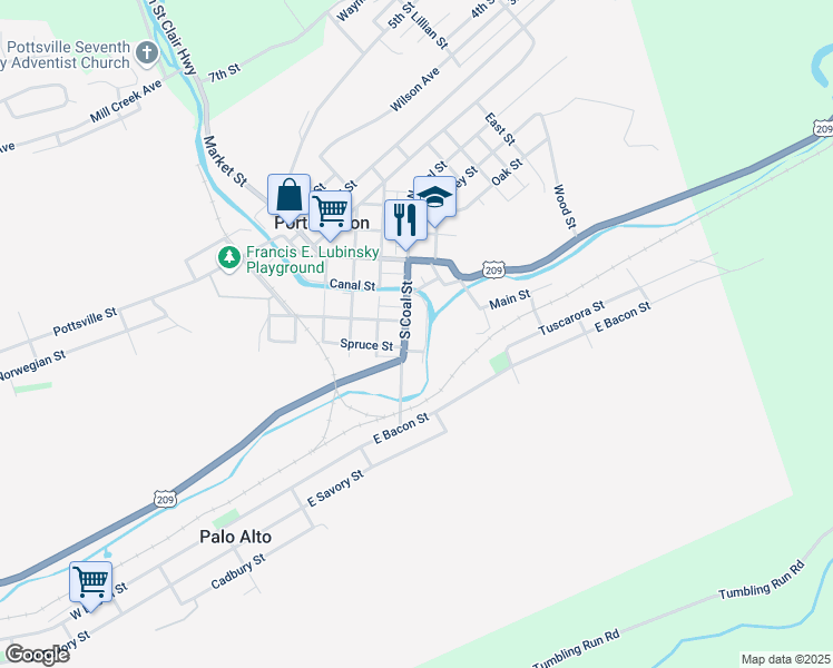 map of restaurants, bars, coffee shops, grocery stores, and more near 44 Coal Street in Port Carbon