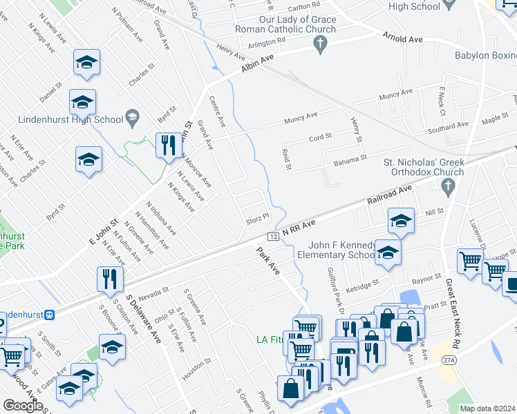 map of restaurants, bars, coffee shops, grocery stores, and more near 13 Johnson Place in Lindenhurst