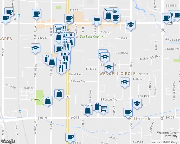 map of restaurants, bars, coffee shops, grocery stores, and more near 249 Baird Avenue in Salt Lake City
